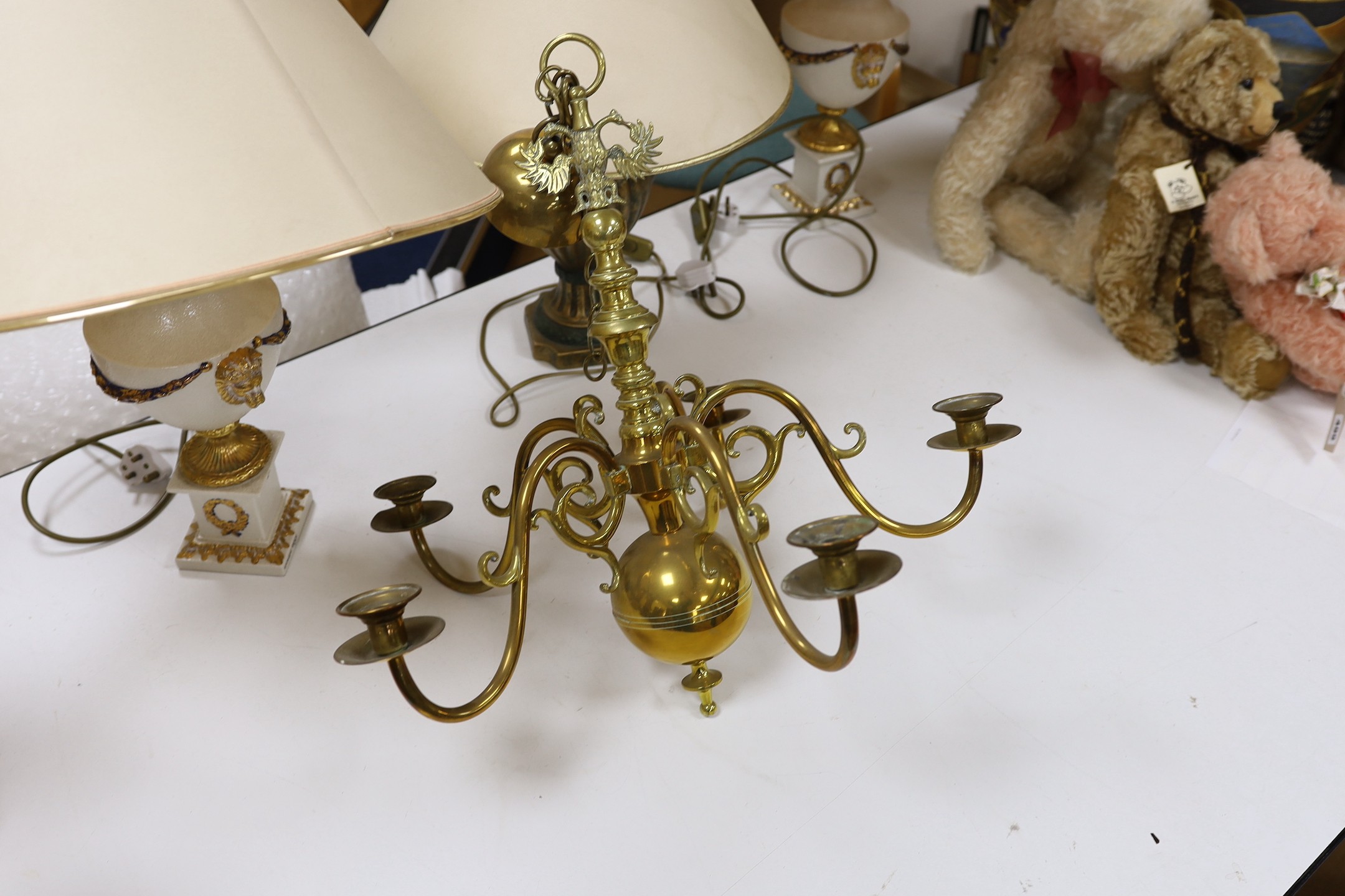Three neoclassical ceramic table lamps and an electrolier. Tallest 58cm with shade